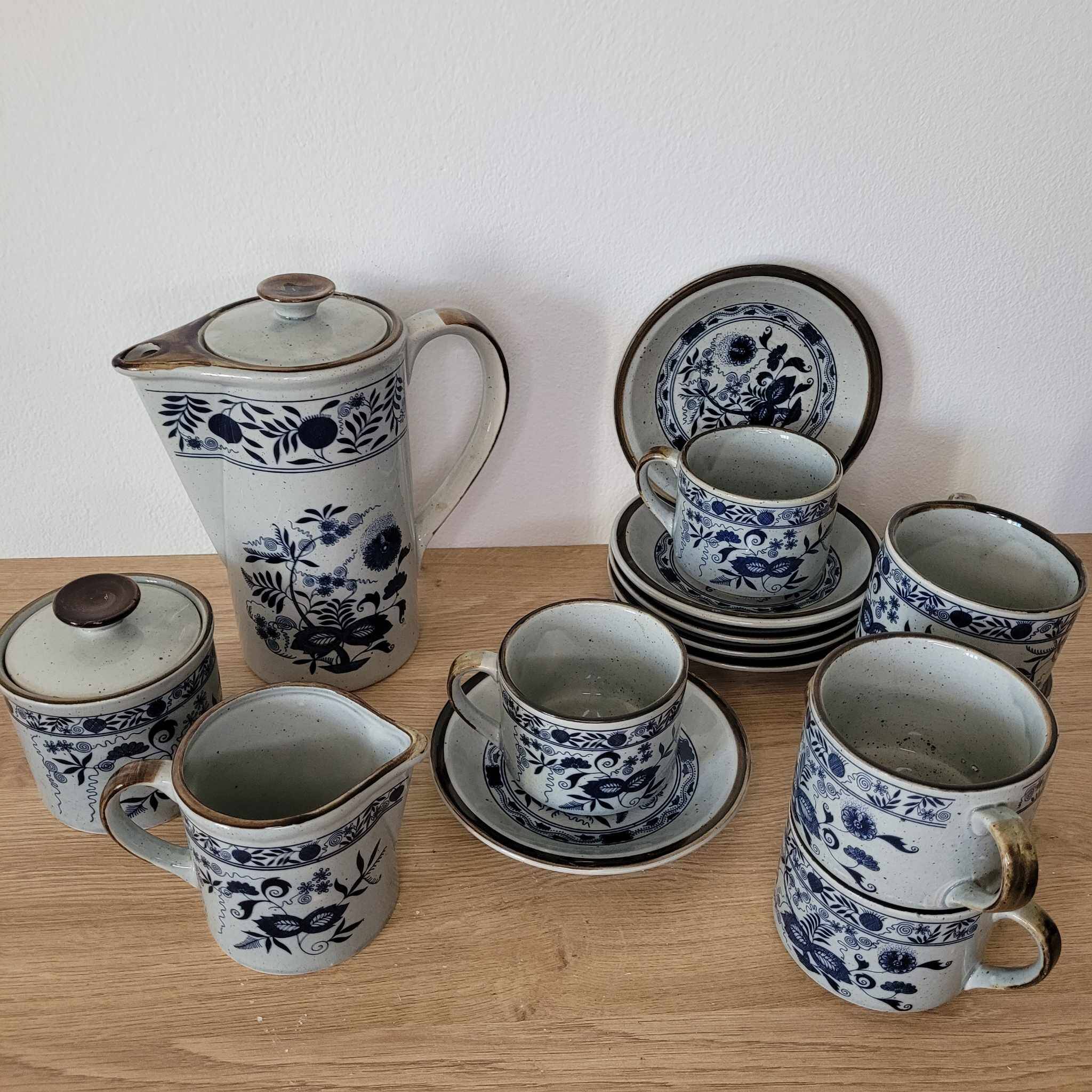 Japanese stoneware tea set with blue danube "blue onion" pattern