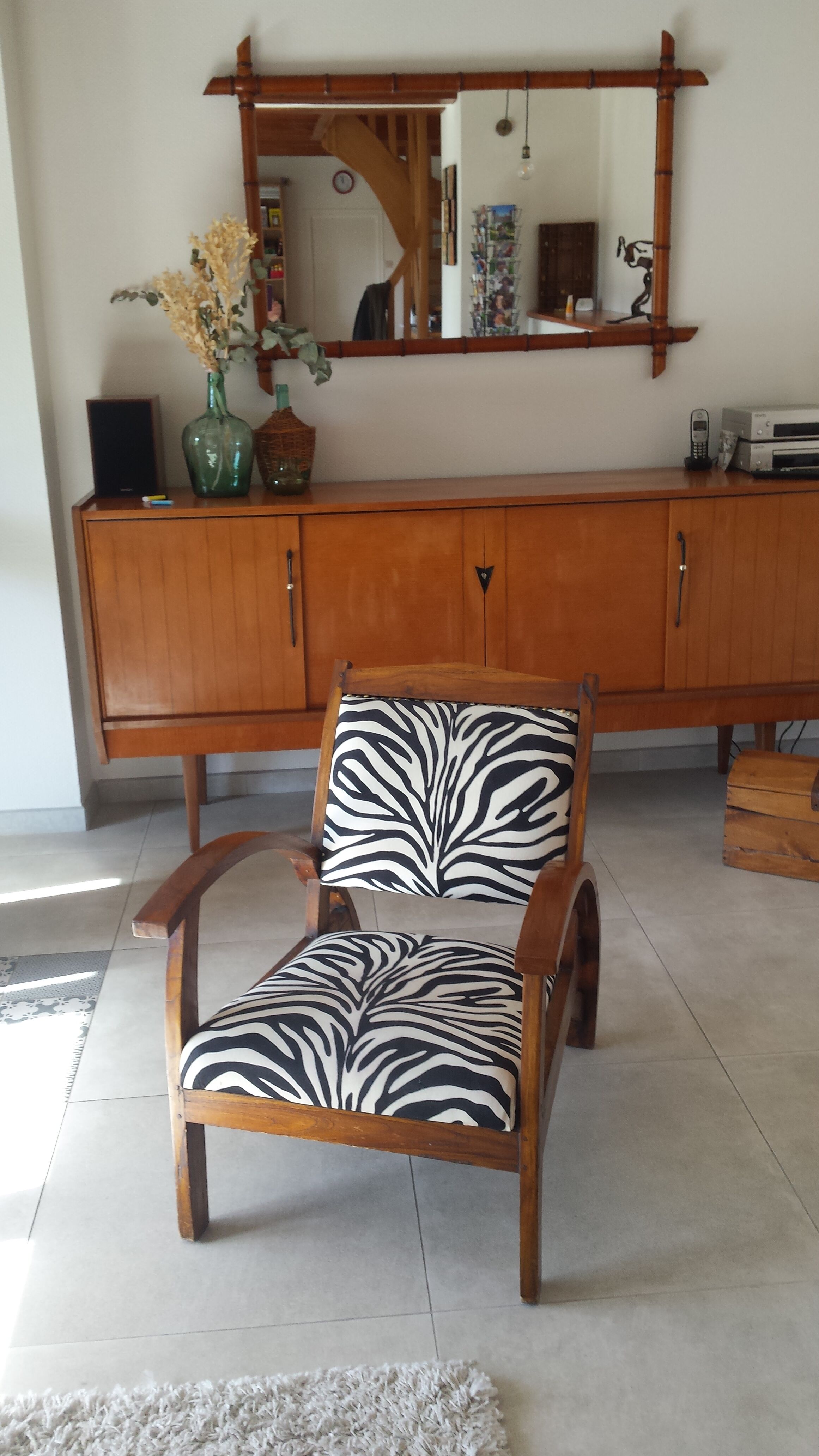 Scandinavian style wood armchair, black and white fabric