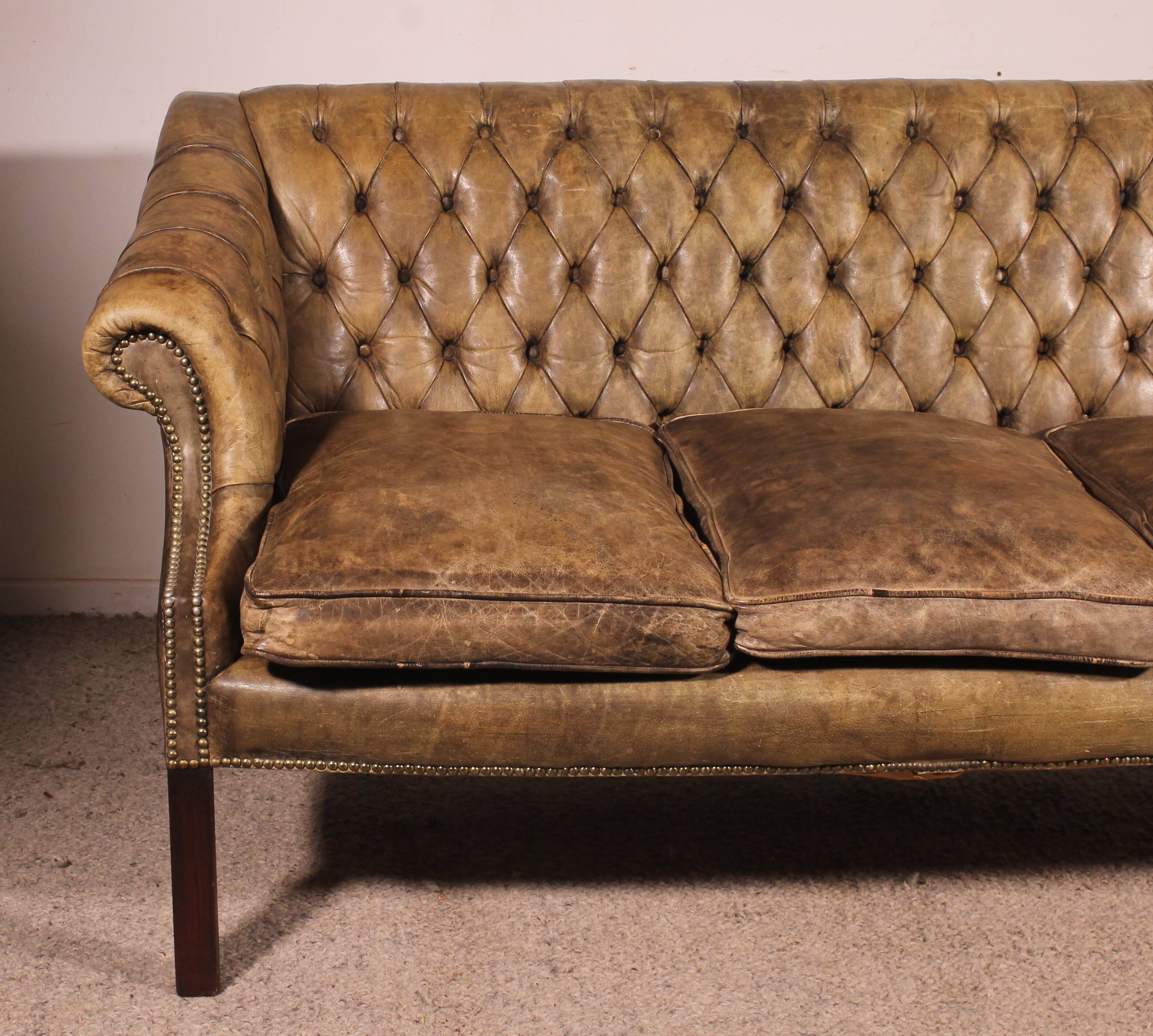 3-seater chesterfield in light olive green leather
