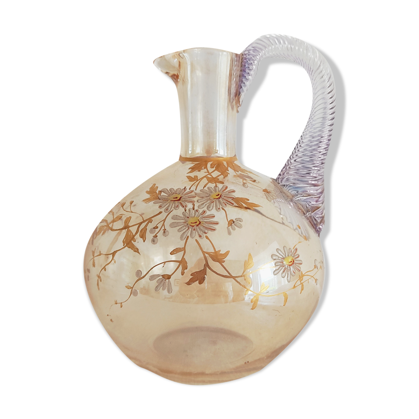 Glass pitcher decorated with 19th century flowers