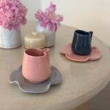 Set of mugs and cups of water lily ceramic handmade pop pink barbapapa