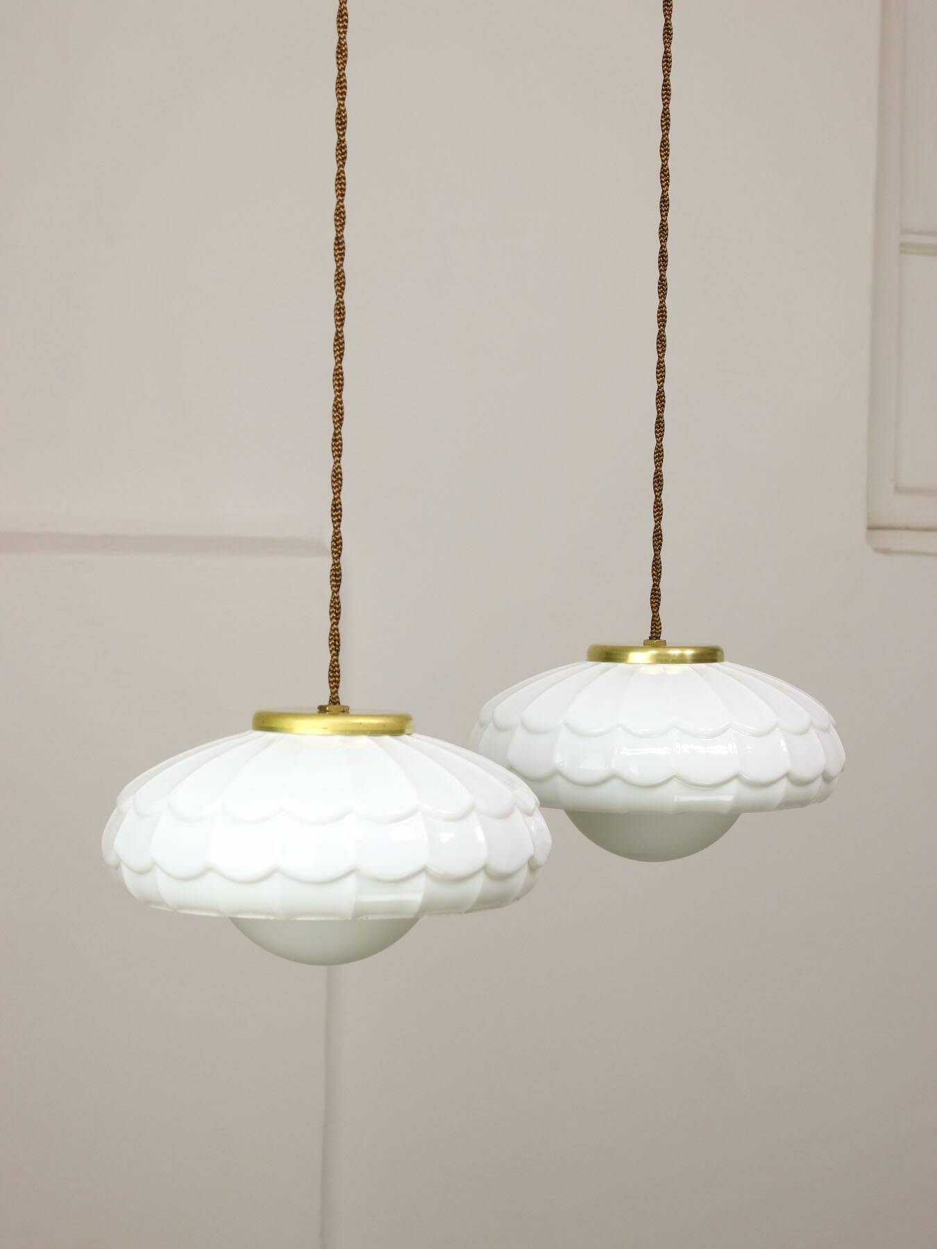 Mid-Century Italian Ceramic & Brass Pendant Lamps, Set of 2