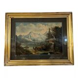 Painting fixed under glass depicting a lake view with the Alps in the background (B)