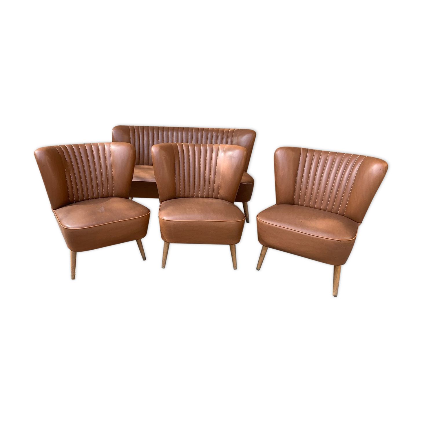 Mid-century sky brown cocktail chairs and sofa, 1950s, set of 4