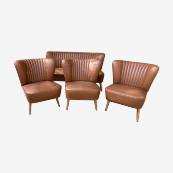 Mid-century sky brown cocktail chairs and sofa, 1950s, set of 4