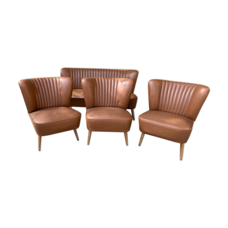 Mid-century sky brown cocktail chairs and sofa, 1950s, set of 4