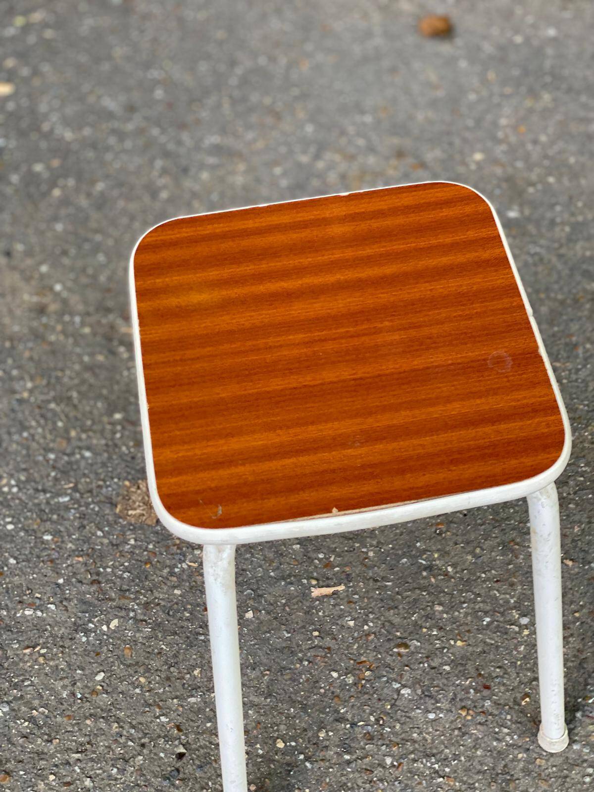 Vintage wooden and white steel stool