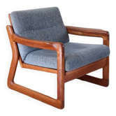 Scandinavian armchair in teak Komfor, blue-grey fabric, 1960s, sled base (2 available)