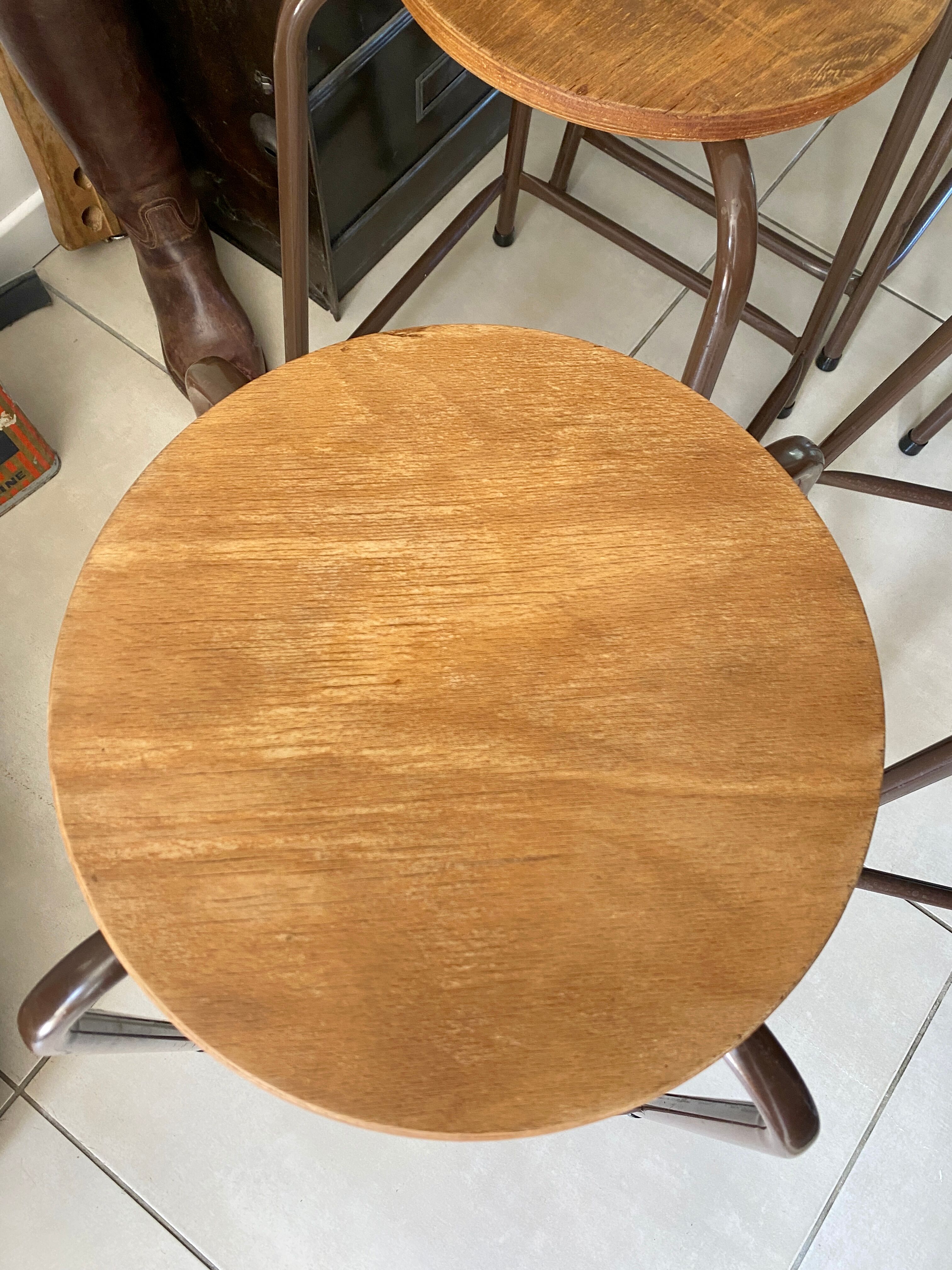 Series of 5 metal and wood workshop stools