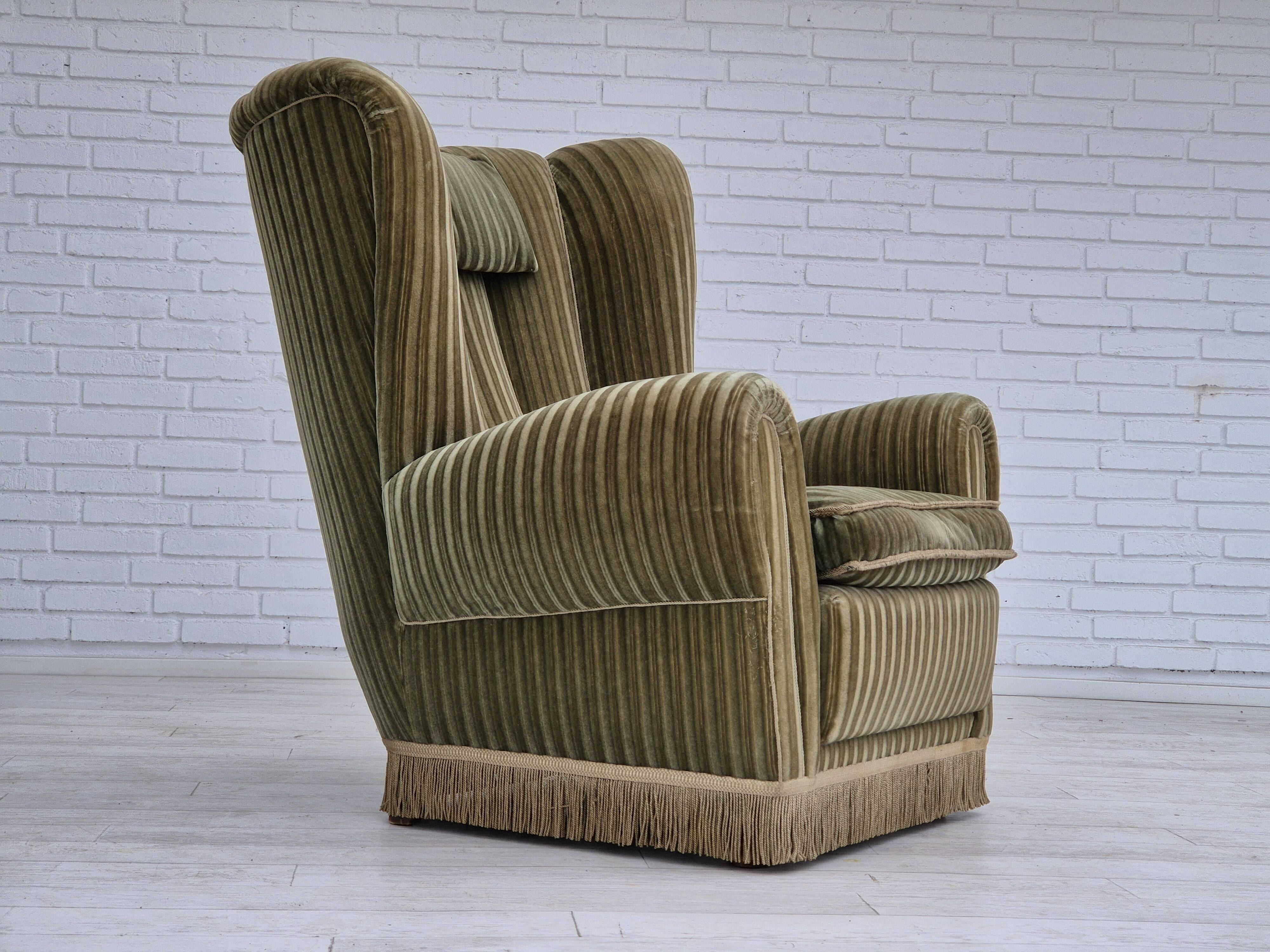 1960s, Danish highback relax armchair, original condition, green furniture velour.