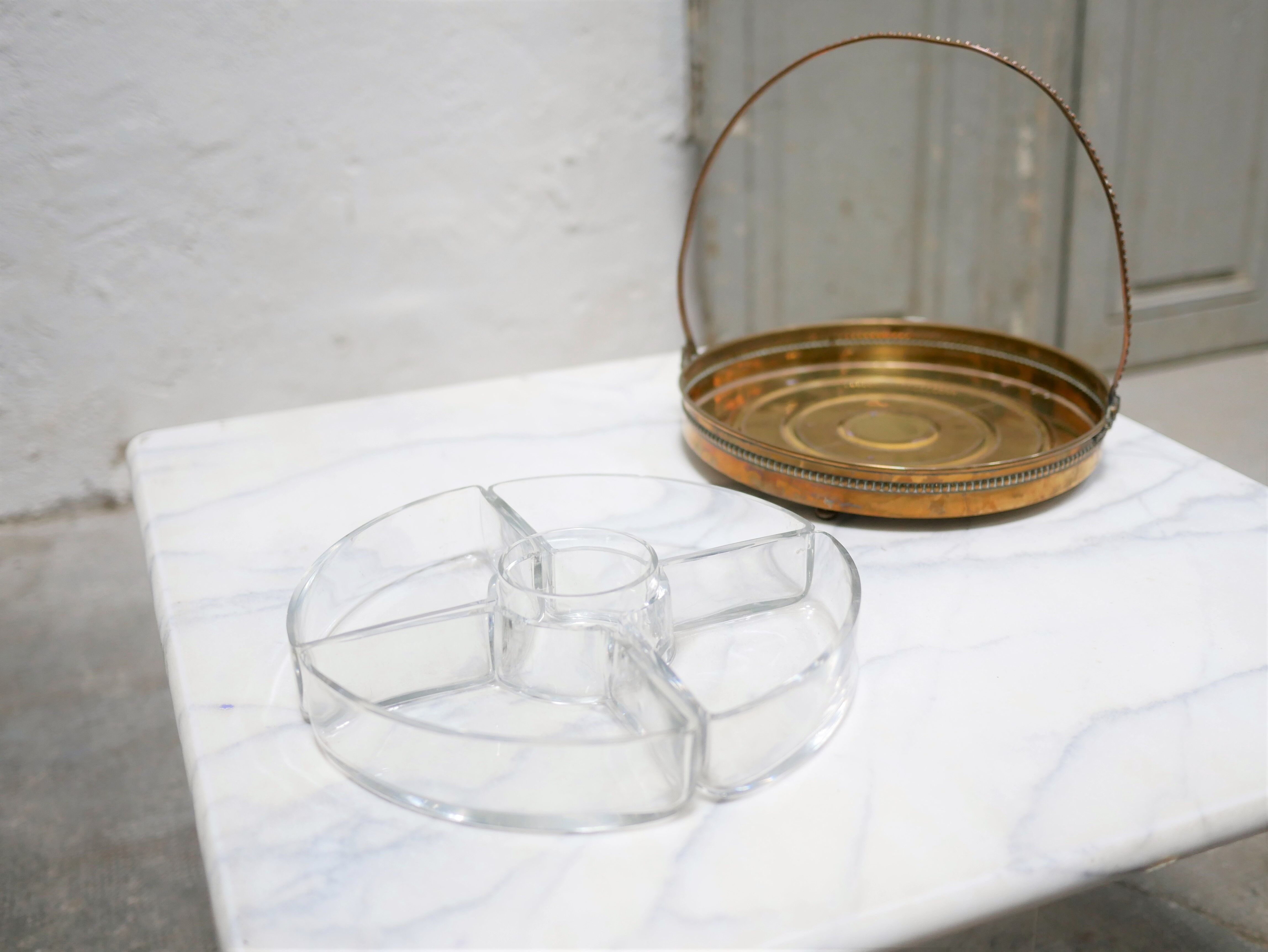 Vintage aperitif serving tray in brass and glass