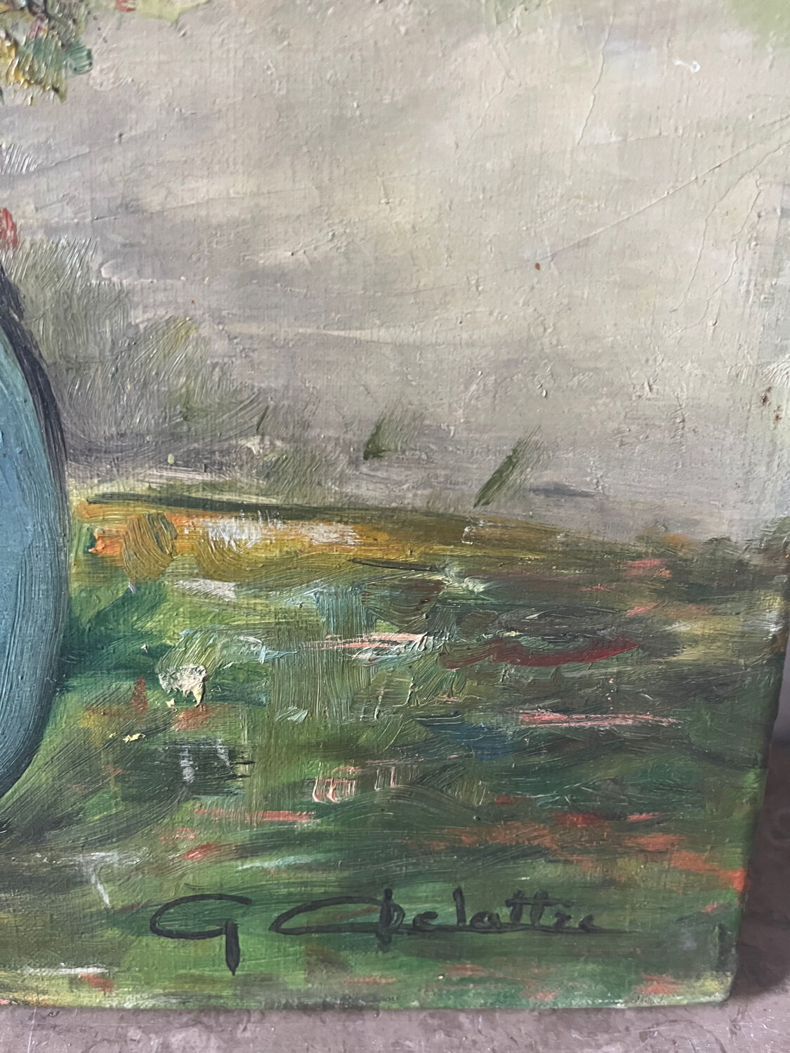 Bouquet of flowers in a blue vase, signed