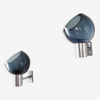 Set of 2 vintage wall lamps by Flavio Poli for Seguso with blue Murano glass, 1960