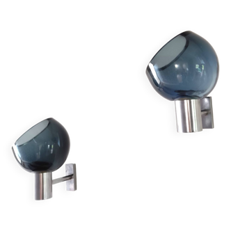 Set of 2 vintage wall lamps by Flavio Poli for Seguso with blue Murano glass, 1960