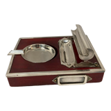 2211869 Vintage, necessary smoker ashtray silver metal red wood circa 1940