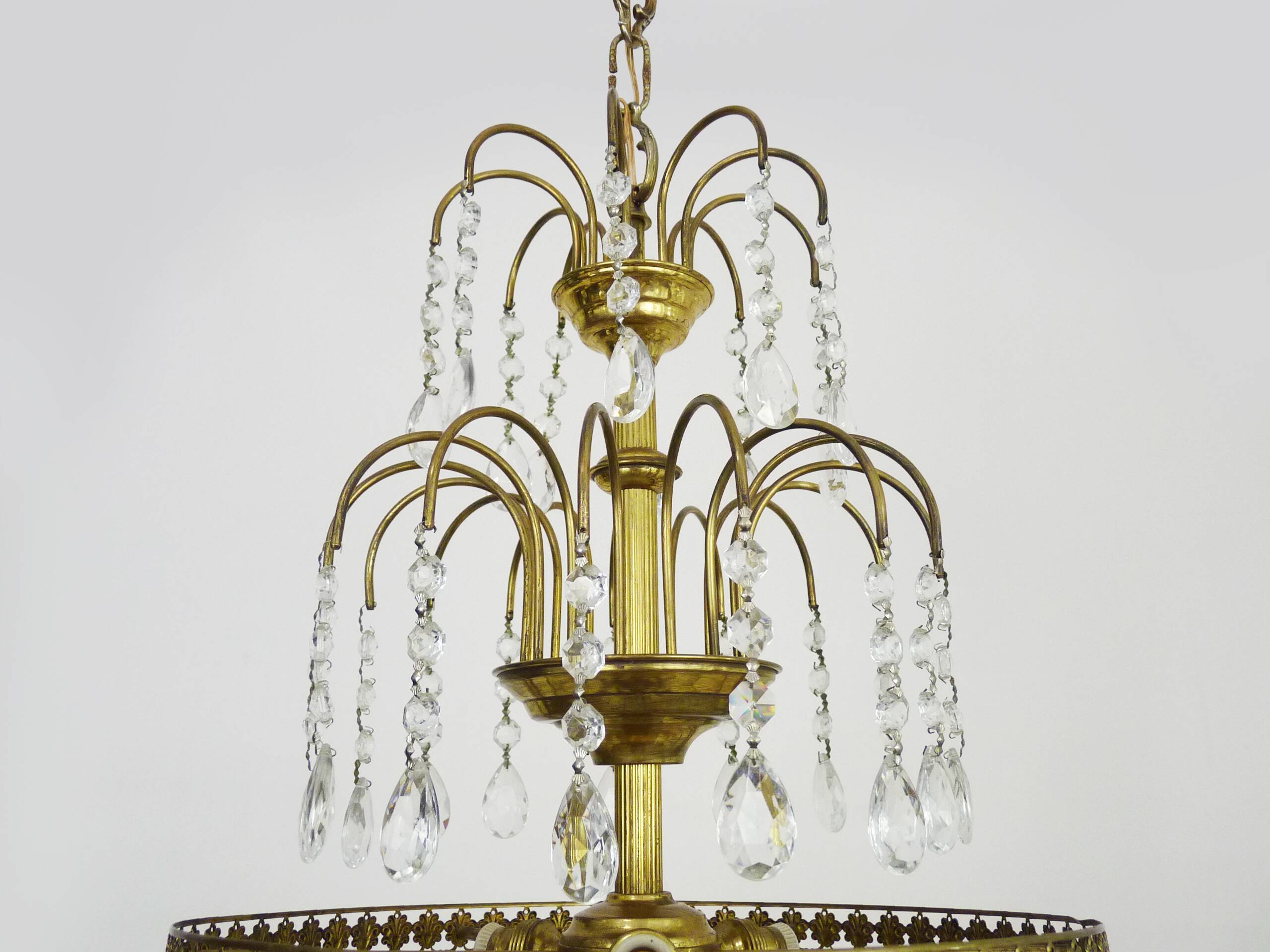 Chandelier, brass crown ceiling light, 5 floors, 3 lights, glass pendants. 60s