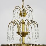 Chandelier, brass crown ceiling light, 5 floors, 3 lights, glass pendants. 60s
