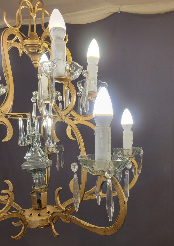 Pair of cage chandeliers with pendants