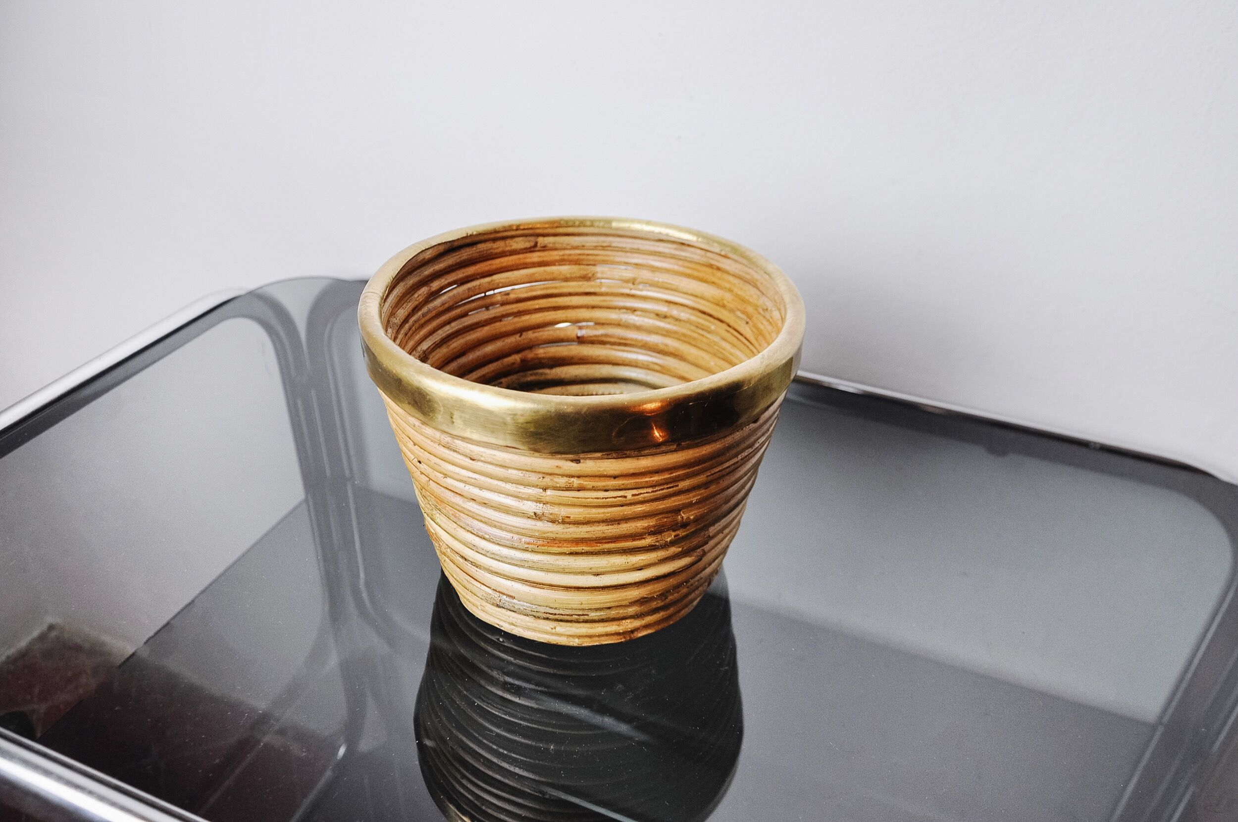 Rattan and brass basket, Italy, 1970