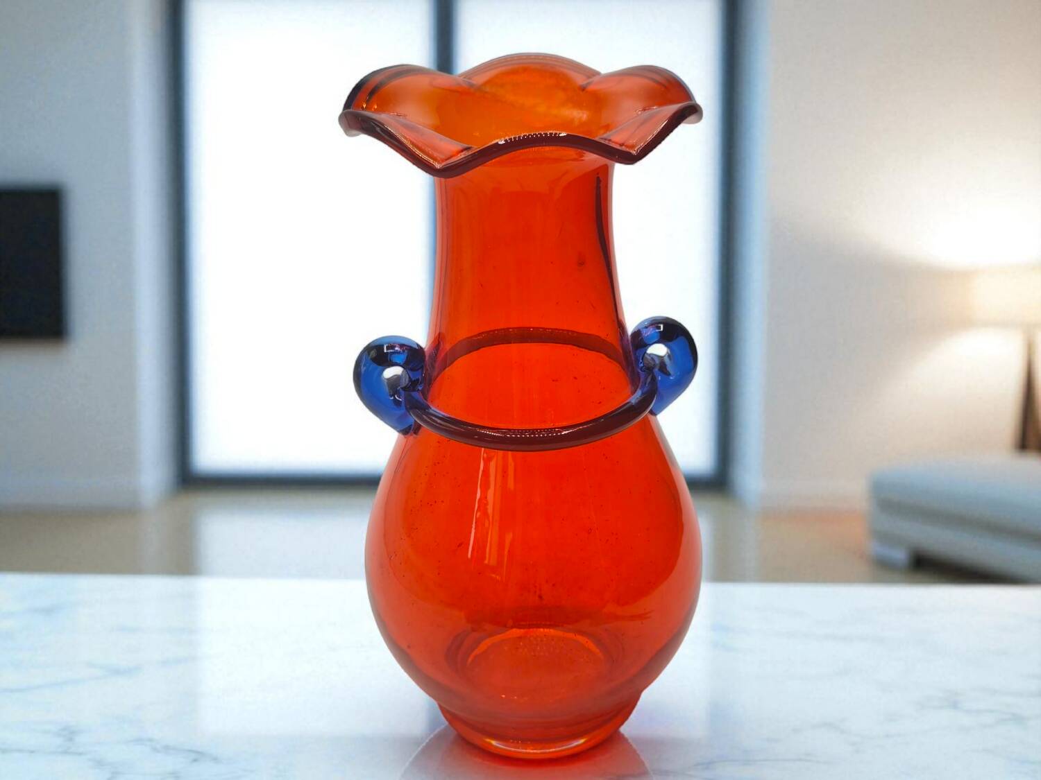 Vintage Murano Hand-Blown Glass Vase – Red with Blue Handles