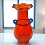 Vintage Murano Hand-Blown Glass Vase – Red with Blue Handles