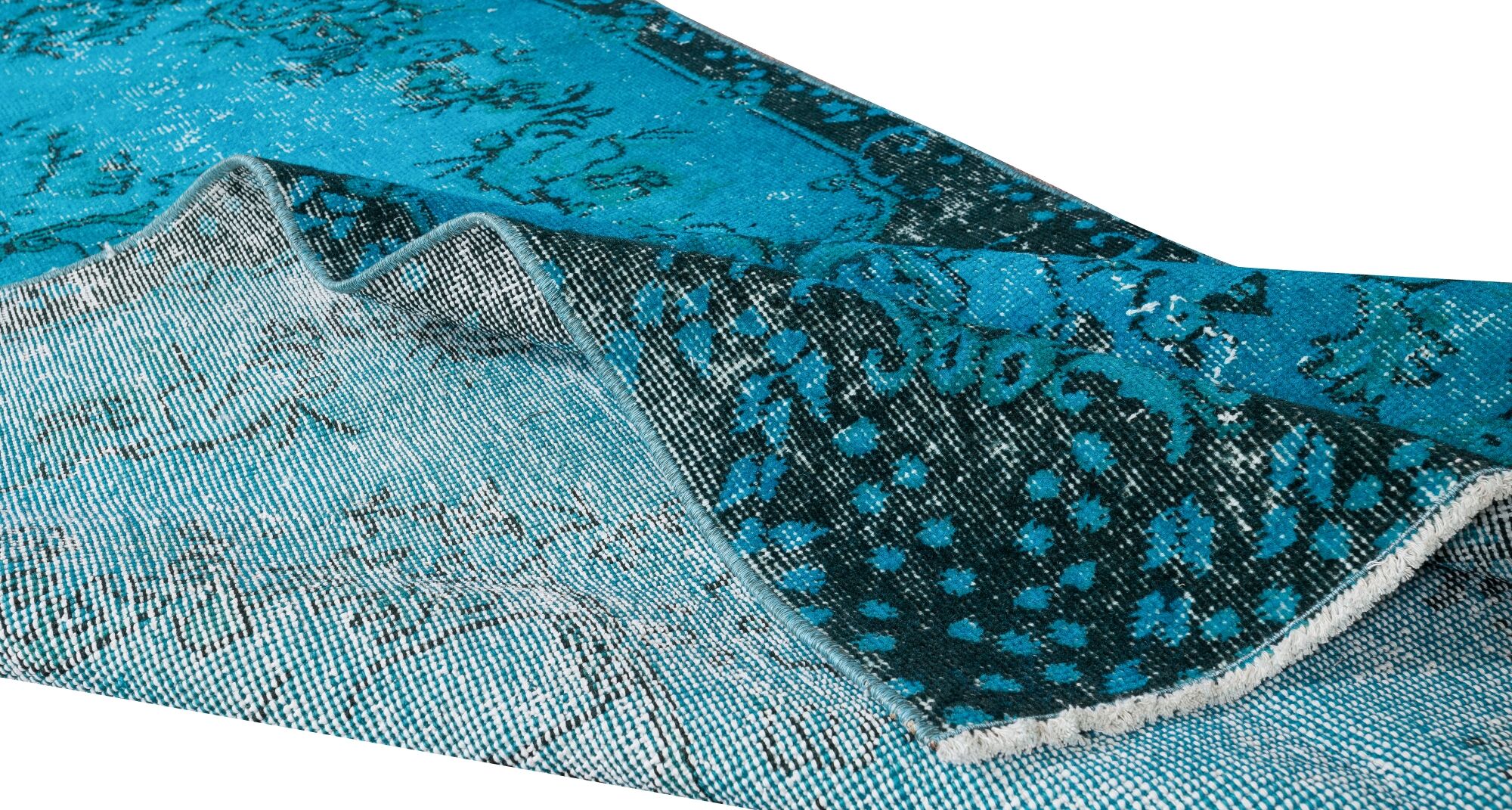 3.7x6.9 ft handmade vintage turkish rug redyed in teal, ideal 4 modern interiors