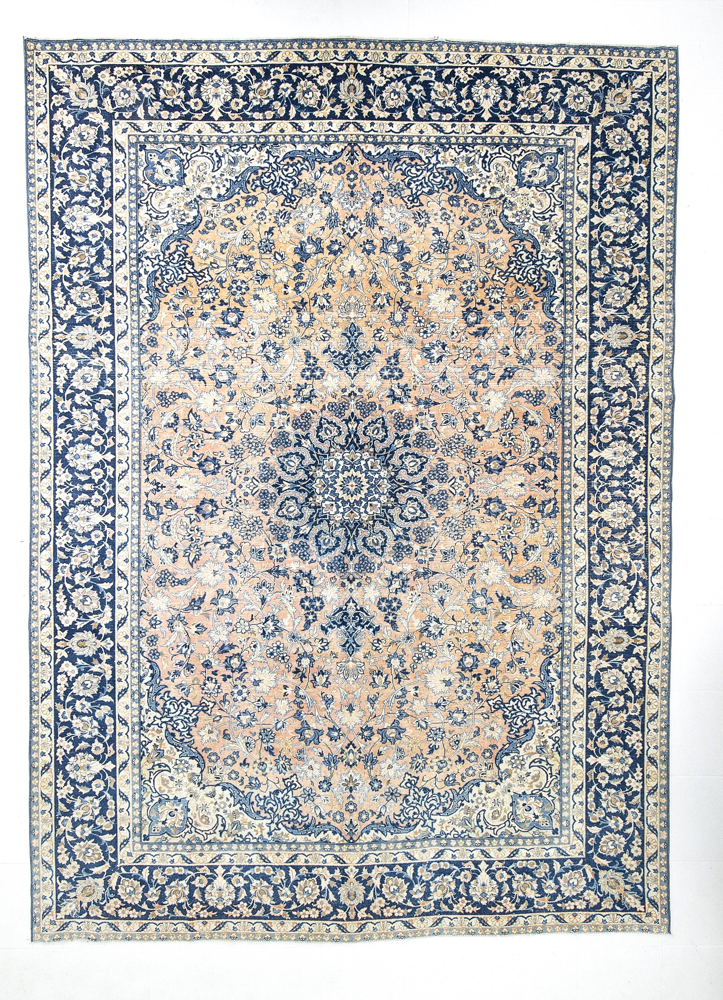 Tapis Persan Vintage Tissé Main, Motif Floral, Laine Beige & Bleu,301x414Cm