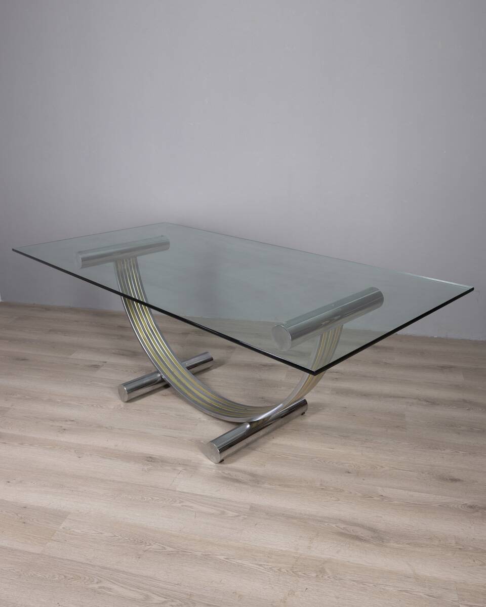 VINTAGE METAL, BRASS, AND GLASS TABLE BY RENATO ZEVI, 1970S