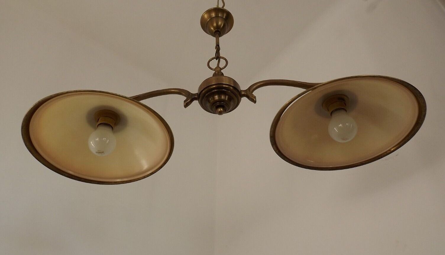 French Mid Century Bronze Billiard Light 2 Cream Amber Round Glass Shades 3921