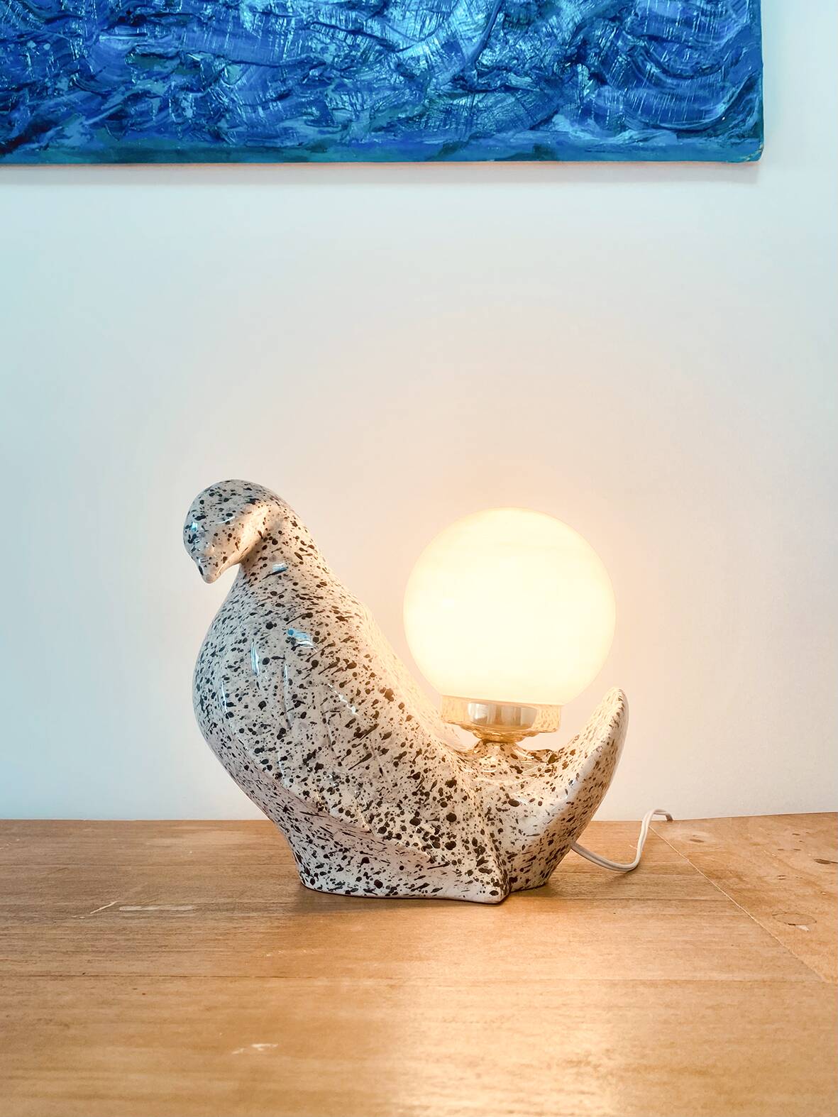 "Speckled dove" ceramic bird lamp, 1970