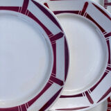 7 flat plates in white and red burgundy porcelain vintage Badonviller model Louise