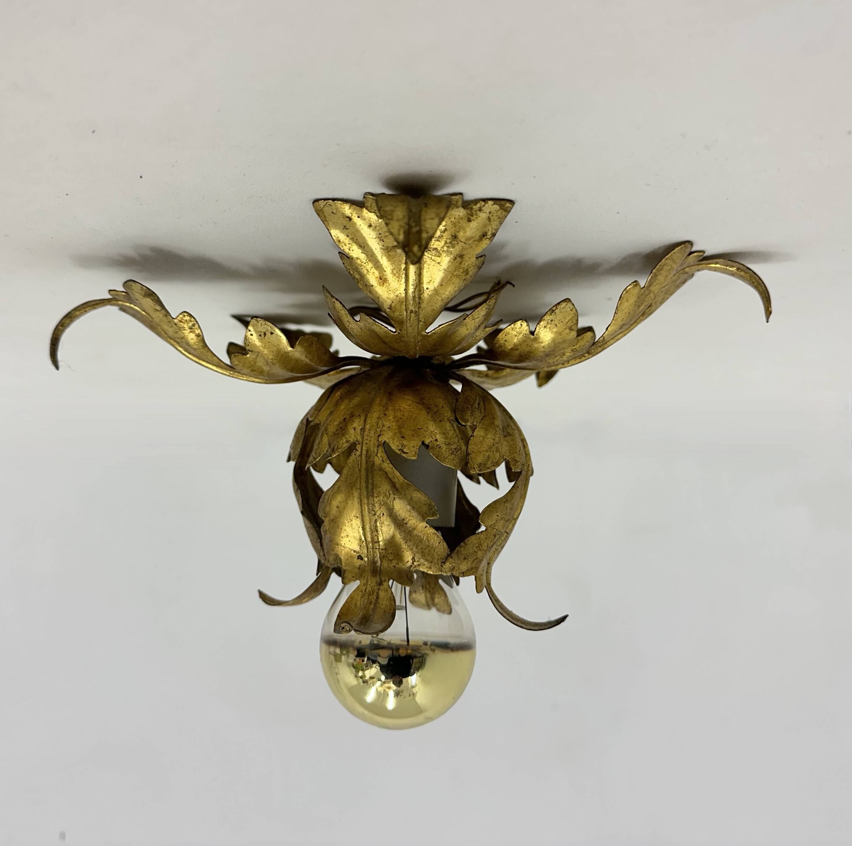 Hollywood regency gold leaf flower light , 1970s