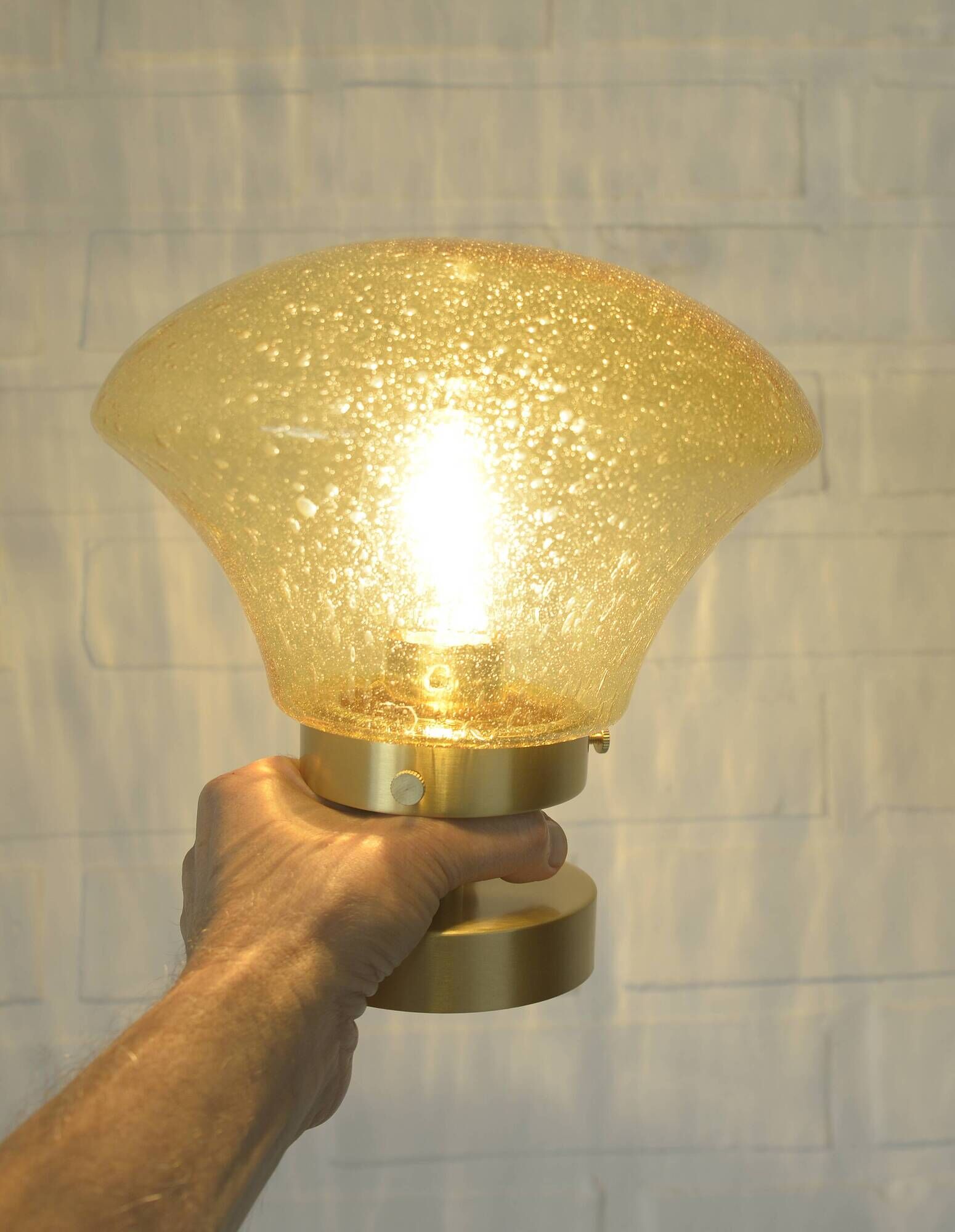 Amber Bubble Glass Ceiling Light, Brass Semi Flush Mount, Mushroom Lamp