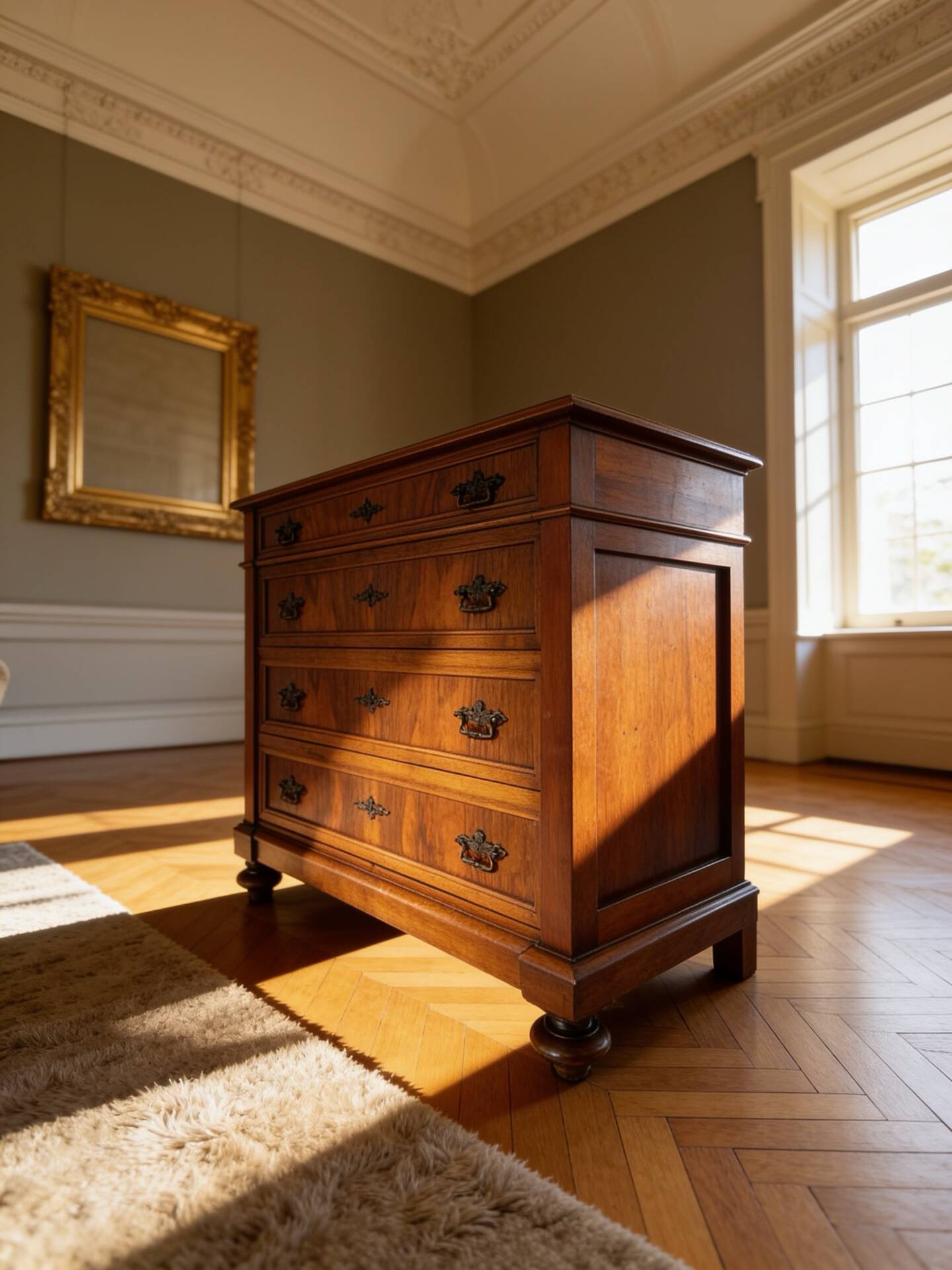 Antique walnut commode with bronze handles in the shape of a lion's mask,
