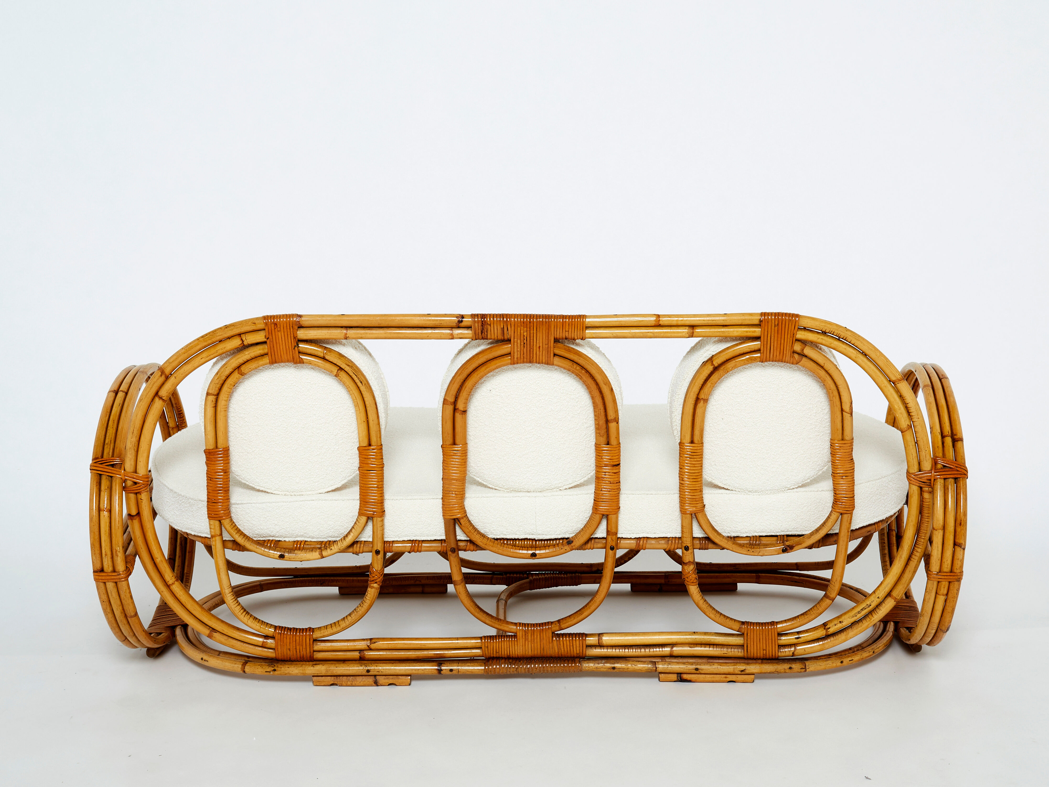 Sofa and italian poufs bamboo curly wool around 1960