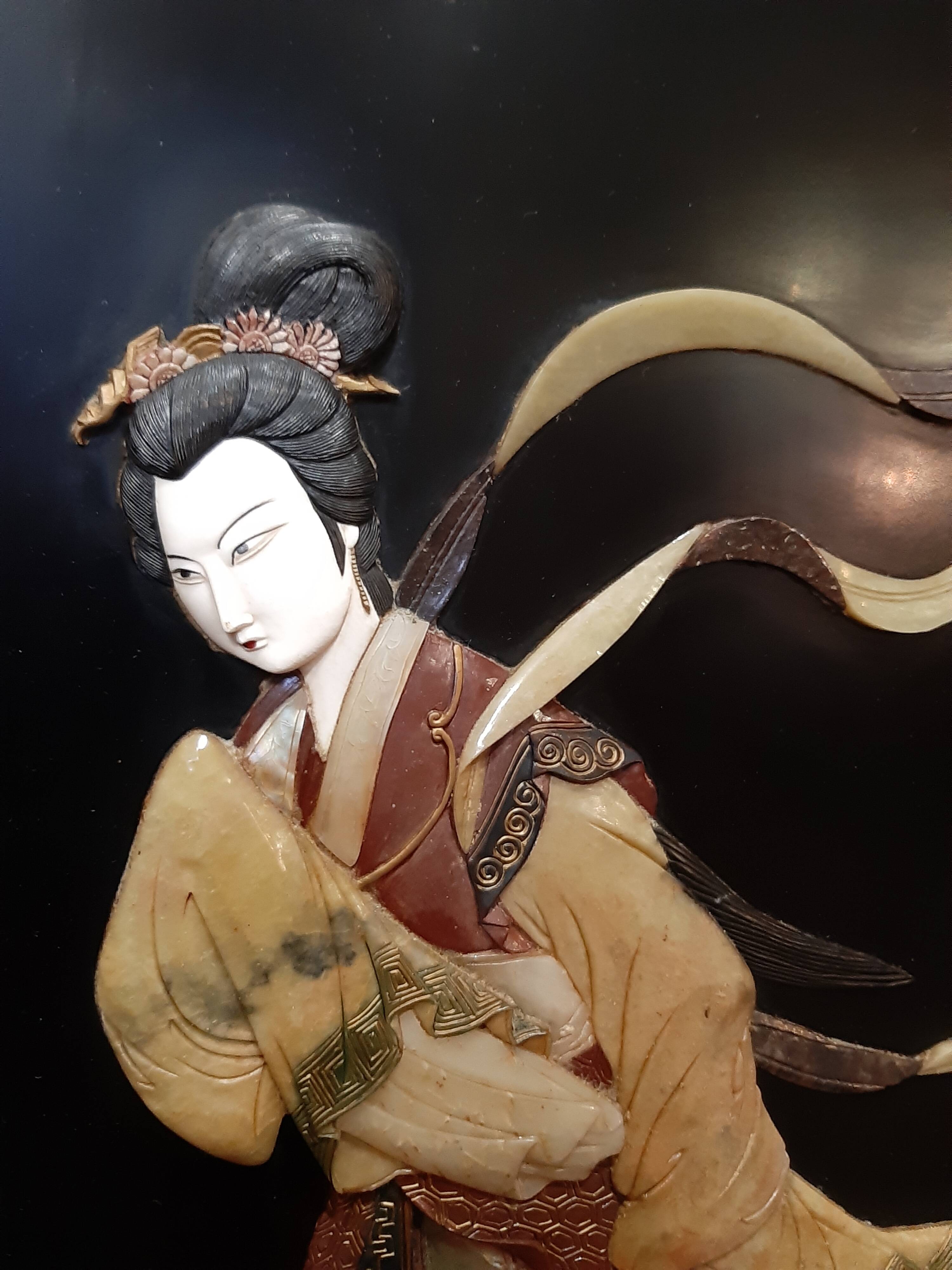 Chinese screen laqué wood and stone marquetry