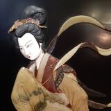 Chinese screen laqué wood and stone marquetry