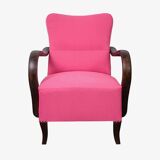 Pair of Art Deco pink armchairs in fabric and wood, 1920s, fully restored.