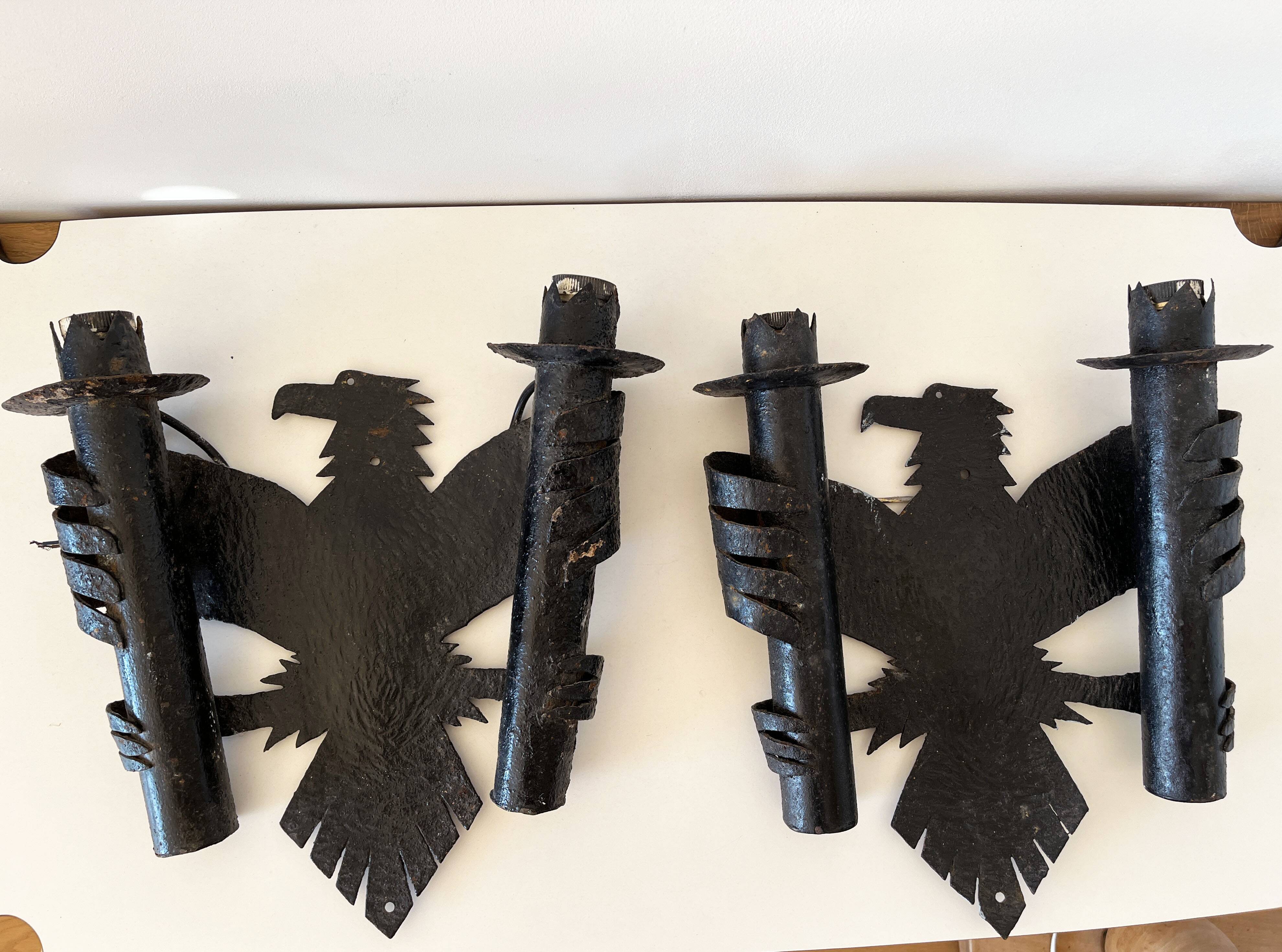 Pair of Brutalist Wrought Iron Eagle Wall Sconces