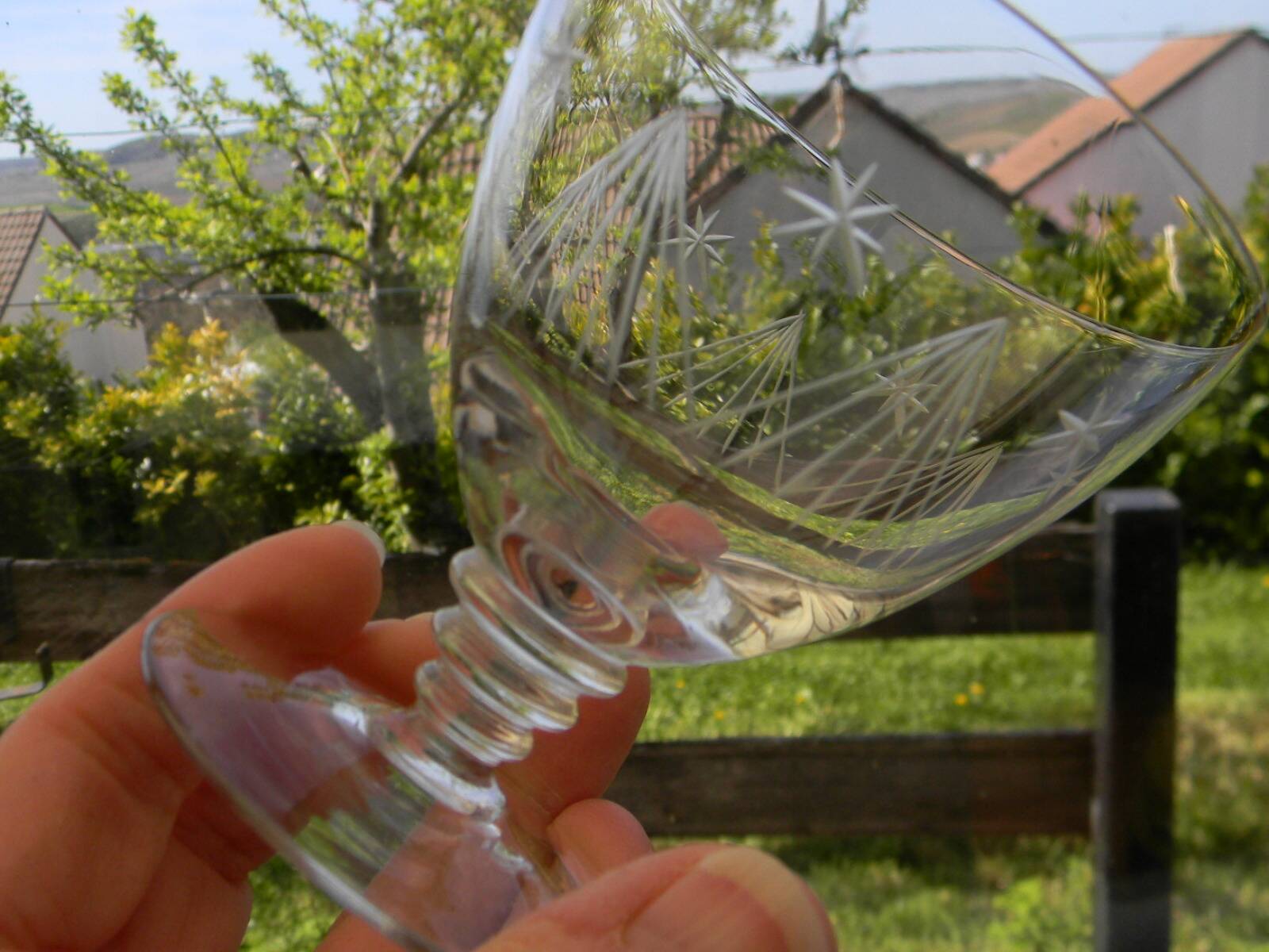 6 Art Deco engraved wine glasses, Meisenthal glassware