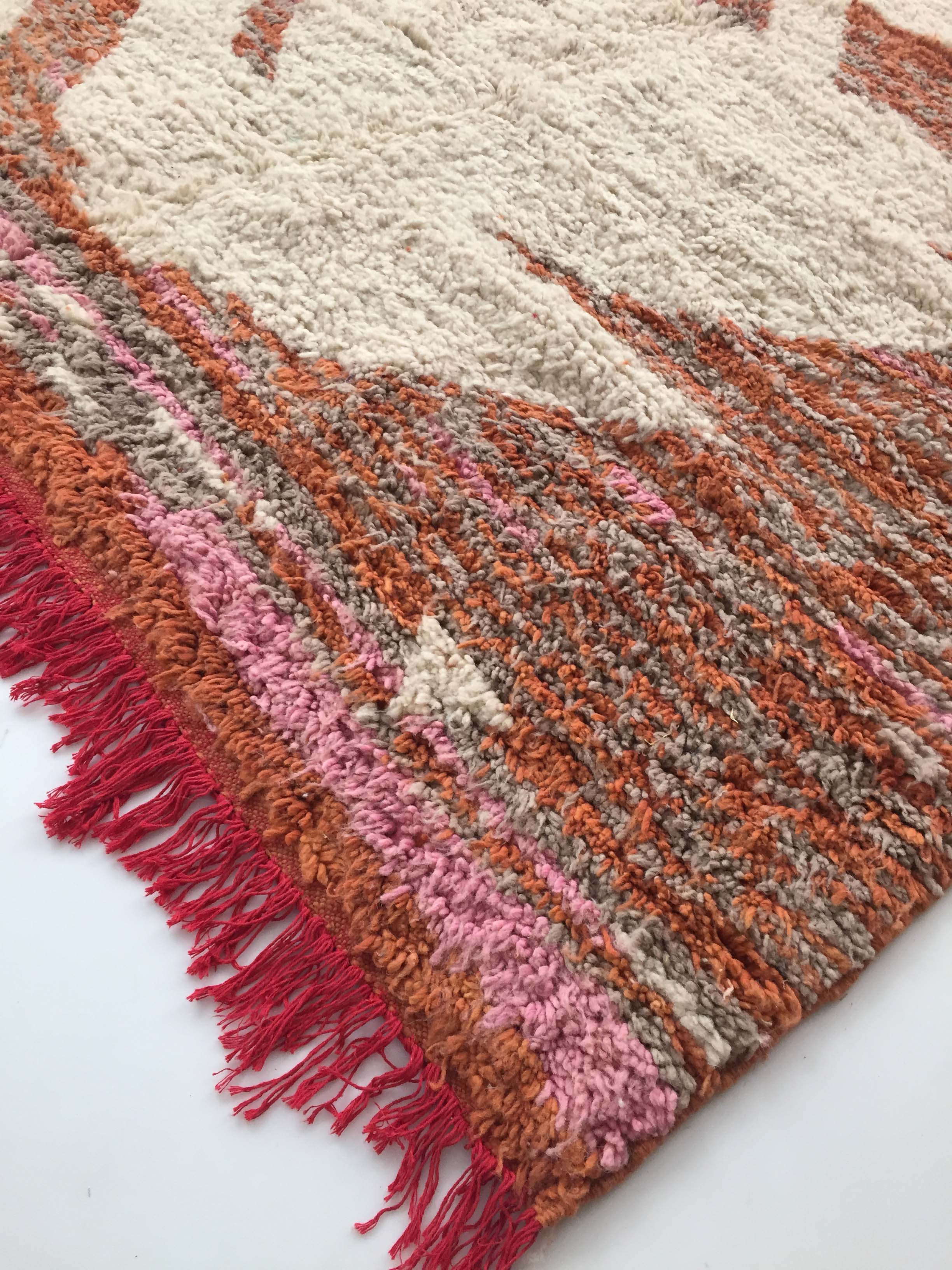 Moroccan Berber carpet Boujaad orange and ecru with colorful details 215x176cm
