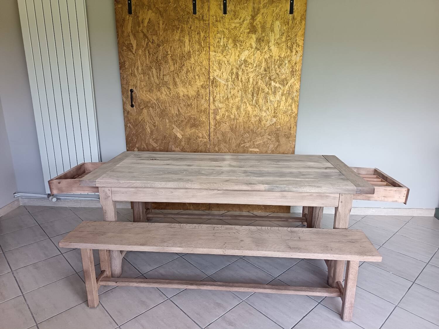Renovated farmhouse table with 2 drawers and 2 benches