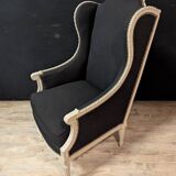 Pair of Louis XVI armchairs with ears in grey painted wood and black fabric