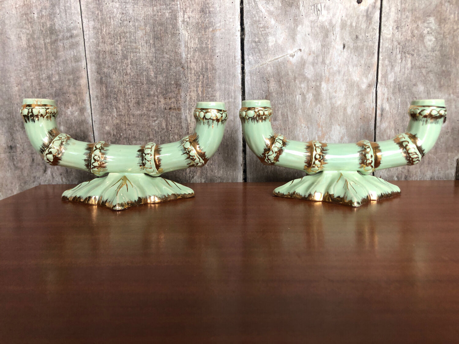 Old pair of double ceramic candlesticks green & gold vintage #A270
