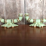 Old pair of double ceramic candlesticks green & gold vintage #A270