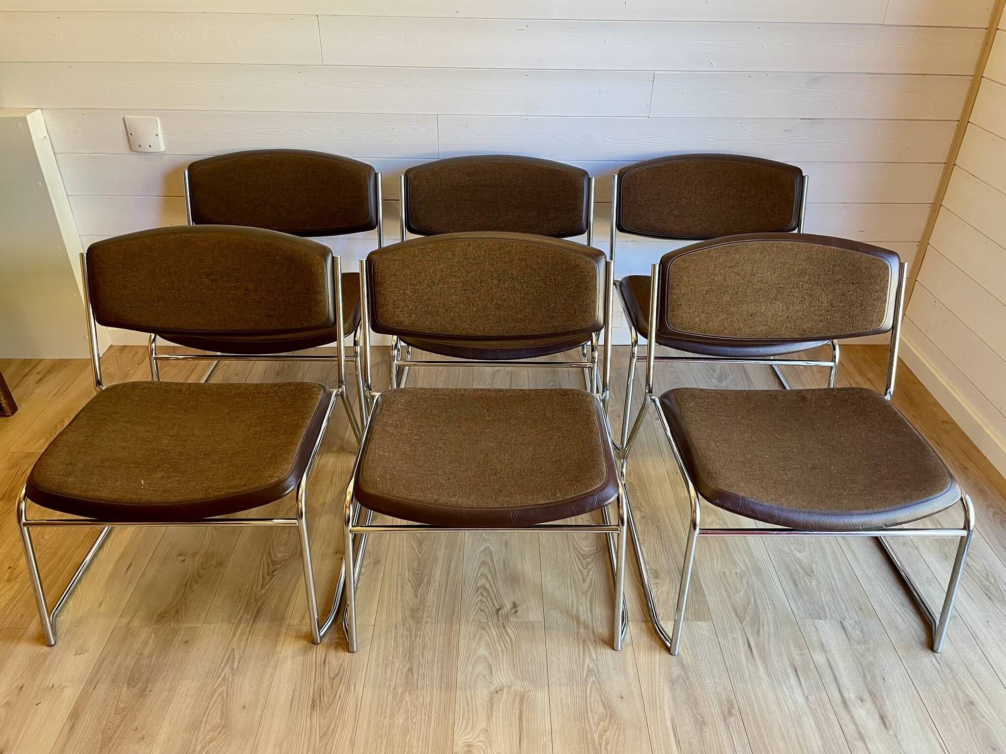 6 chrome sled armchairs Soudexvinyl brown vintage Skaï 70s