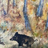 Painting Gouache Watercolor "herd of wild boar in the forest" HSC signed Carré
