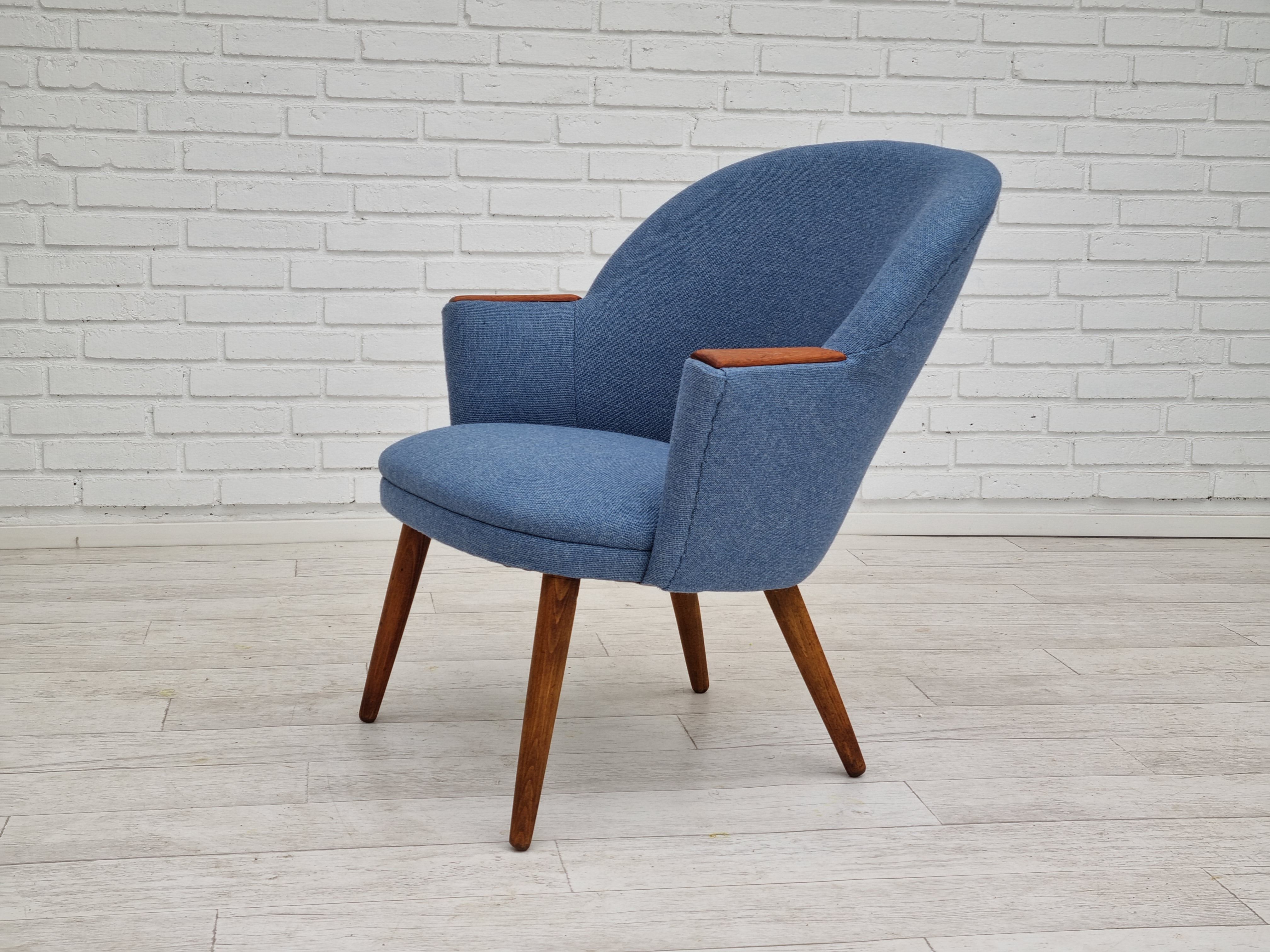 1960s, danish design, reupholstered lounge chair, camira furniture wool fabric, teak