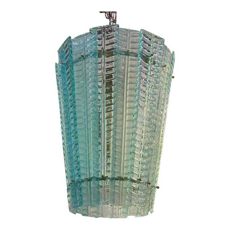 Sputnik Lantern Pendant in Transparent and Sanded Green-Whater Murano Glass