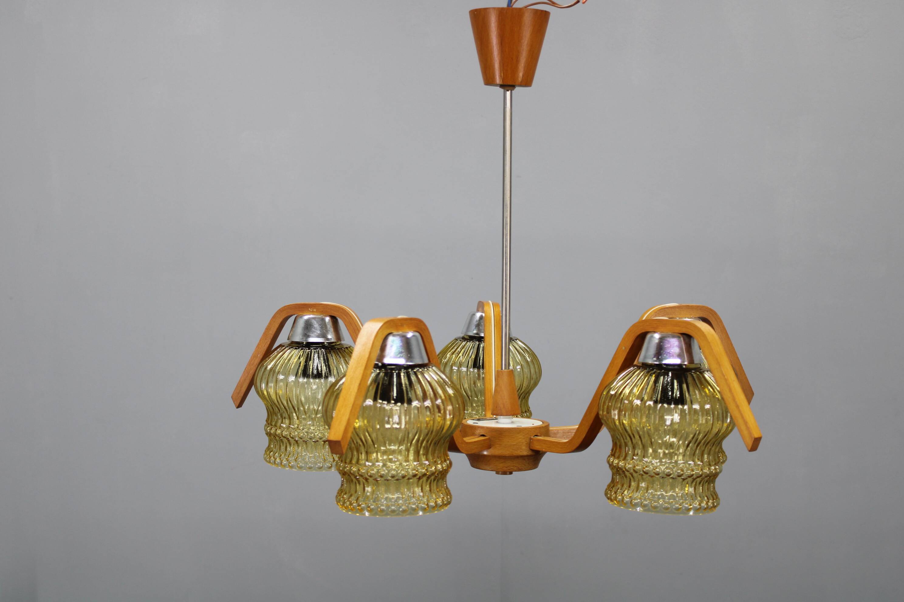 Mid Century Czech Wood Glass Chandelier, 1970s Restored